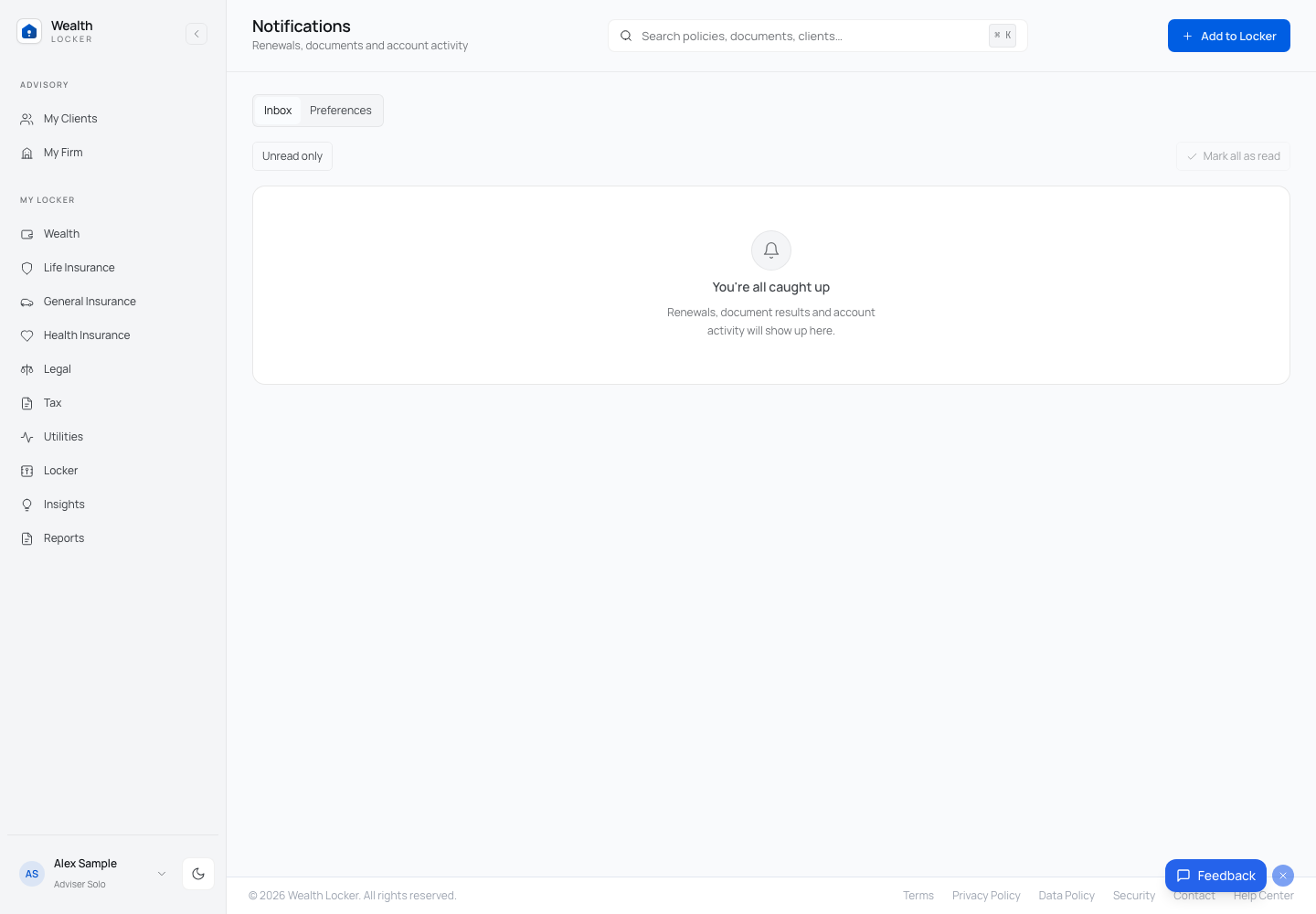 Notification centre listing an upcoming policy renewal reminder